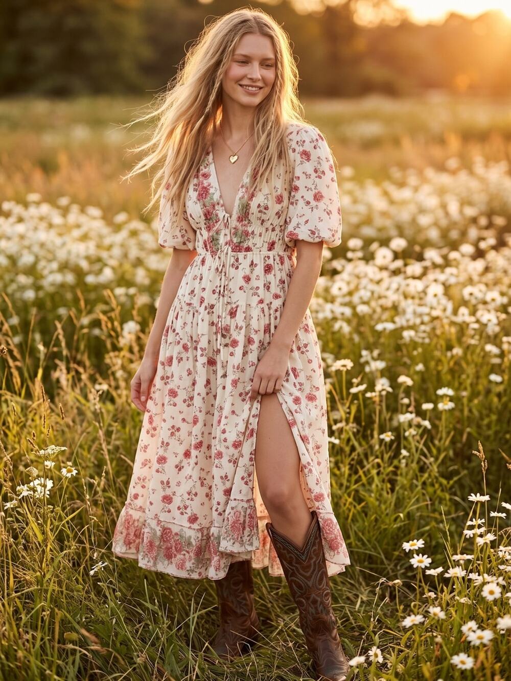 Free People XL Bohemian Gypsy Billowy Cottage Lysette Maxi Dress Ivory Floral